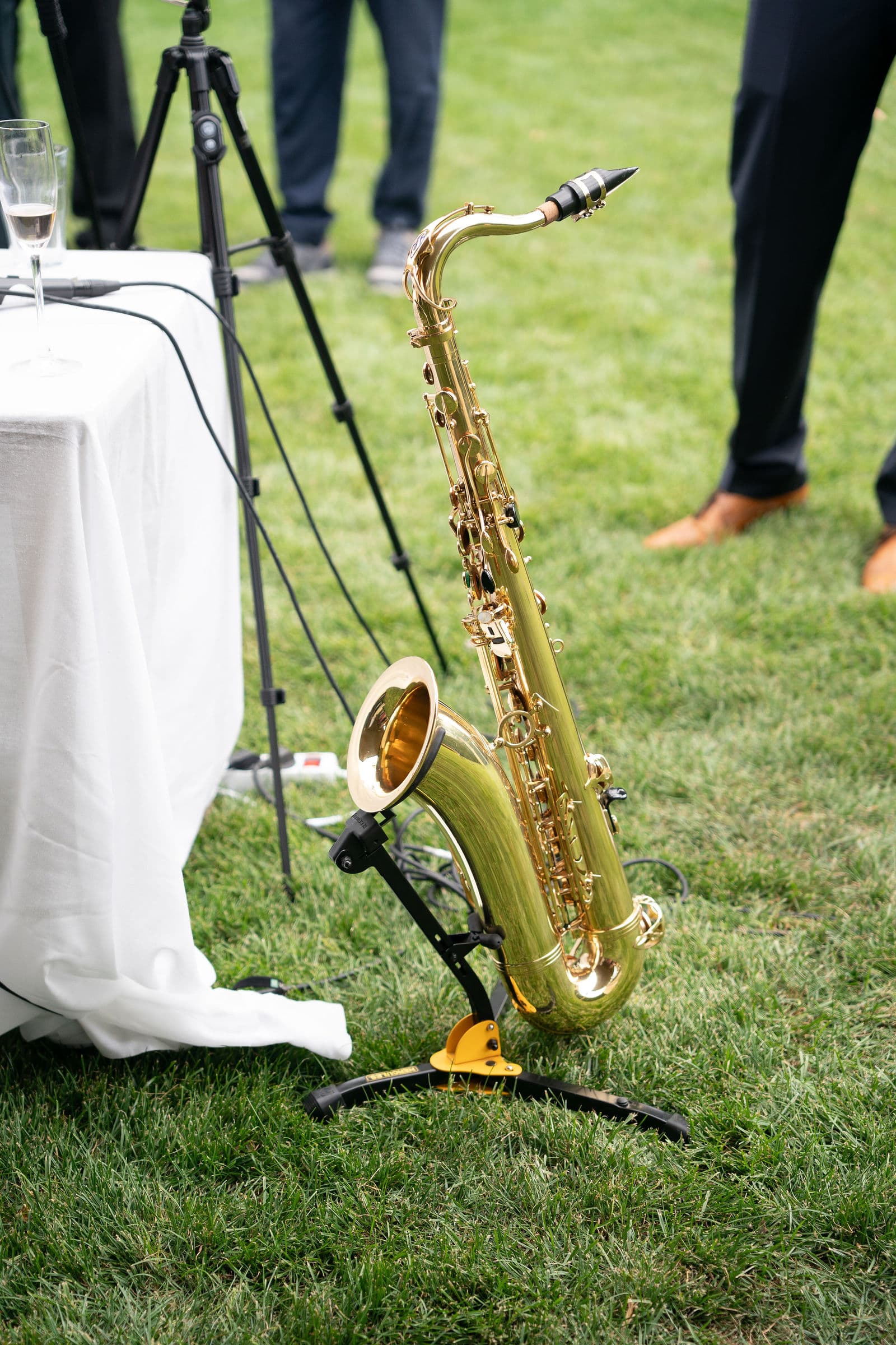Saxophone on its stand on the lawn at a garden wedding